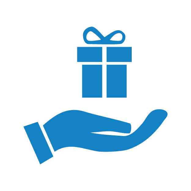 A blue icon of a hand and a gift