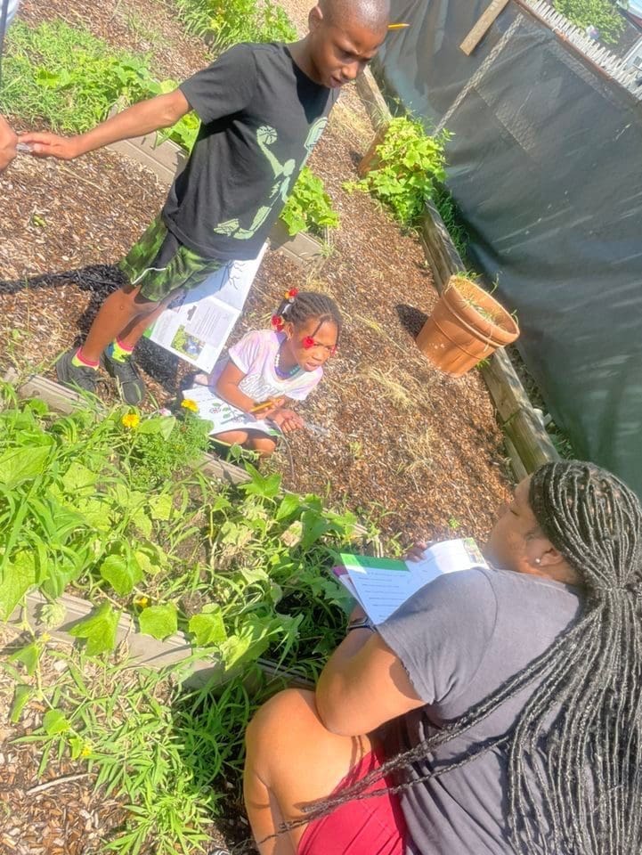 Children and adult learning in garden setting.