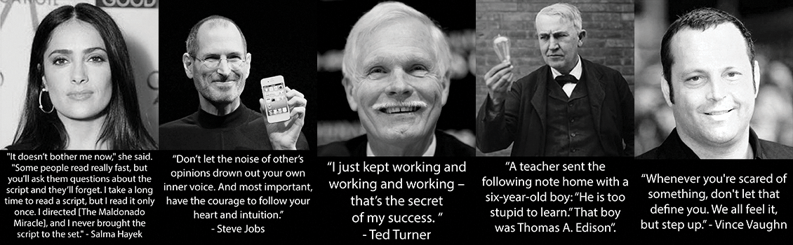 Five people with motivational quotes.